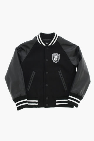 Vegan Leather And Wool Varsity Bomber With Contrasting Logo