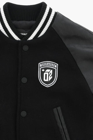 Vegan Leather And Wool Varsity Bomber With Contrasting Logo