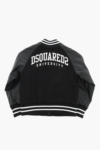Vegan Leather And Wool Varsity Bomber With Contrasting Logo