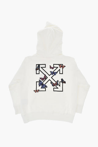 Felpa Hoodie in Cotone con Tasca a Toppa e Stampa Farfalla 