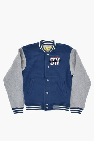 Bomberjacke im Varsity‑Stil mit Druckknöpfen und Logo