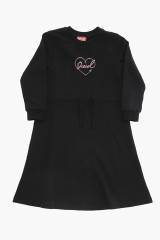 Vestito Girocollo in Cotone con Logo in Velluto