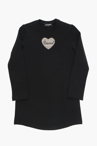 Long-Sleeve Dress with Rhinestone Logo