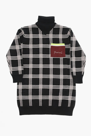 Checked Knit Dress With Patch Pocket And High Neck