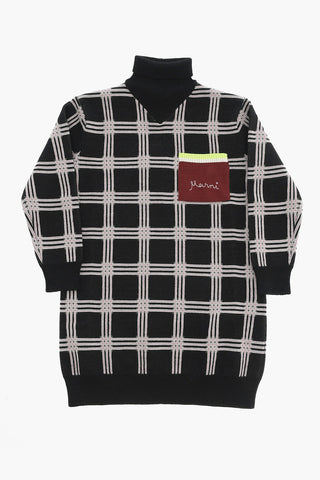 Checked Knit Dress With Patch Pocket And High Neck