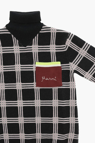 Checked Knit Dress With Patch Pocket And High Neck