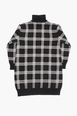 Checked Knit Dress With Patch Pocket And High Neck
