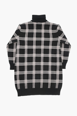 Checked Knit Dress With Patch Pocket And High Neck