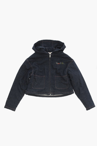 Denim Padded Jacket With Hood And Rhinestone Logo