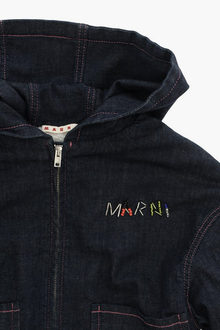 Denim Padded Jacket With Hood And Rhinestone Logo