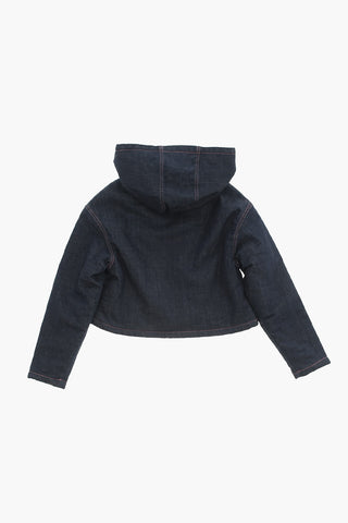 Denim Padded Jacket With Hood And Rhinestone Logo