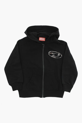 Felpa Hoodie in Cotone Garzato con Zip Frontale