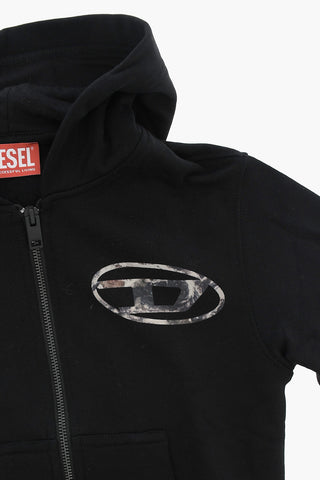 Felpa Hoodie in Cotone Garzato con Zip Frontale
