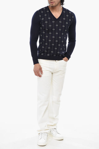 Pullover aus Wolle E Nylon mit ikonischem Muster und V-Ausschnitt