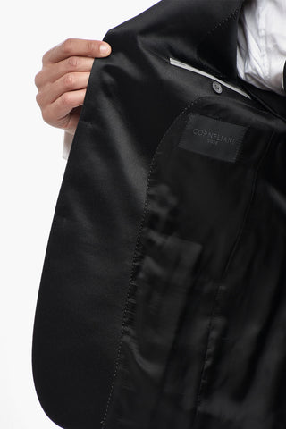 CODE Three-Piece Virgin Wool Suit with Satin Peak Lapel