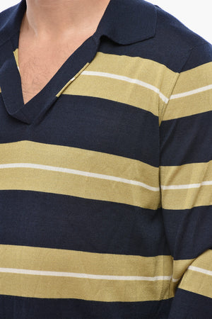 Silk-Blend Polo-Collar Knit with Balanced Stripes