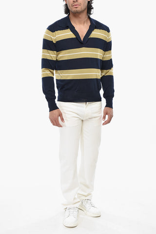 Silk-Blend Polo-Collar Knit with Balanced Stripes