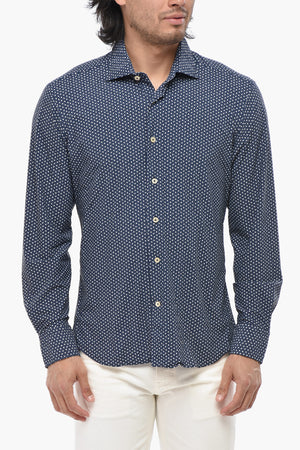 Camicia in Tessuto Stretch a Fantasia con Collo Francese