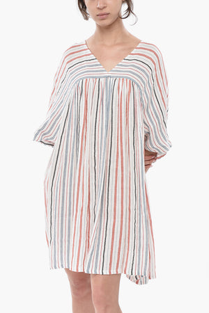 Vestito SUMMER VARSITY in Misto Lino a Righe con Scollo a V