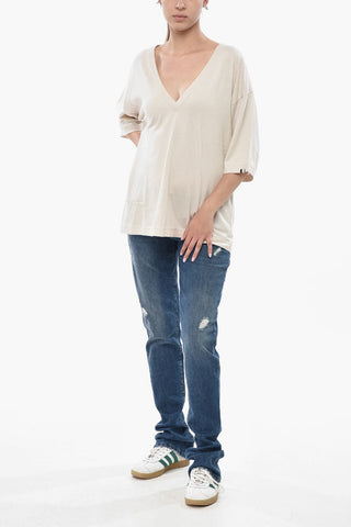 Maglia in Puro Cashmere con Collo a V e Maniche Corte