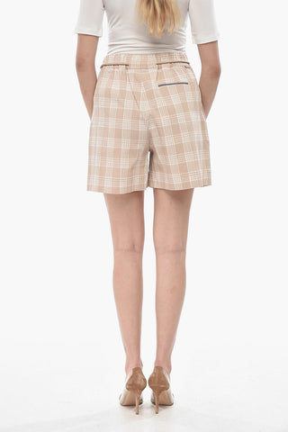 Shorts in Cotone Seersucker a Quadri con Pinces