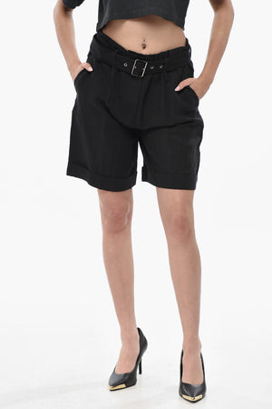 Linen-Blend High-Waist Shorts With Double Pleats And Belt