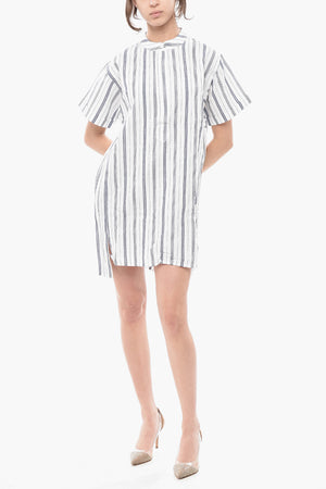 Gestreiftes Baumwoll-Leinen Hemdkleid Mit Stehkragen