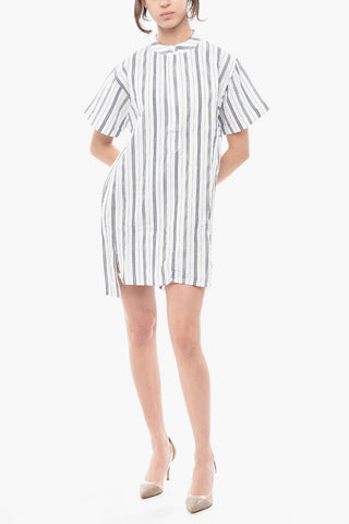 Gestreiftes Baumwoll-Leinen Hemdkleid Mit Stehkragen