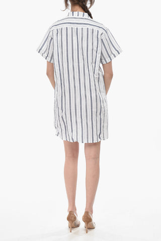 Gestreiftes Baumwoll-Leinen Hemdkleid Mit Stehkragen