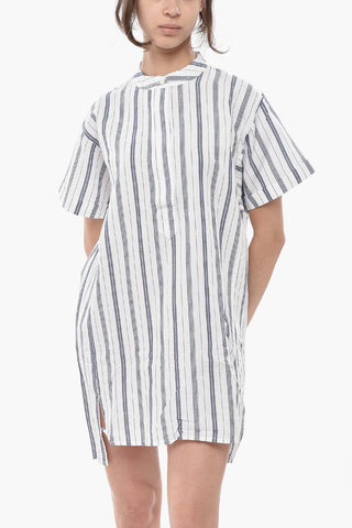 Gestreiftes Baumwoll-Leinen Hemdkleid Mit Stehkragen