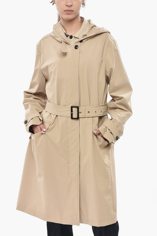 Stretch Nylon Trench Coat with Hood and Belt