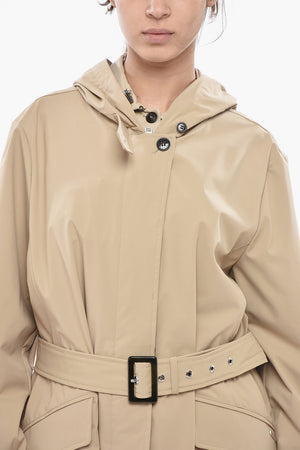 Stretch Nylon Trench Coat with Hood and Belt