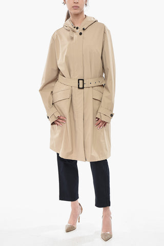 Stretch Nylon Trench Coat with Hood and Belt