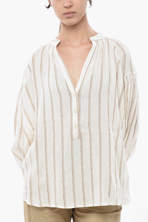 Blusa in Misto Lino a Righe con Scollo a V
