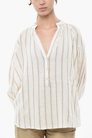 Blusa in Misto Lino a Righe con Scollo a V