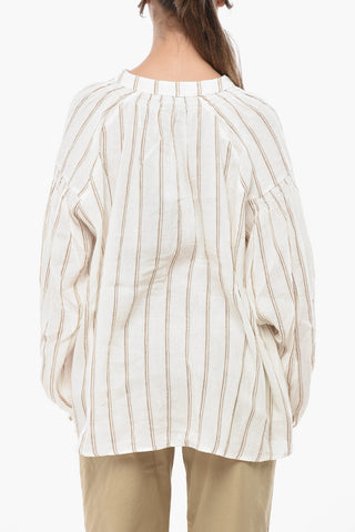 Blusa in Misto Lino a Righe con Scollo a V