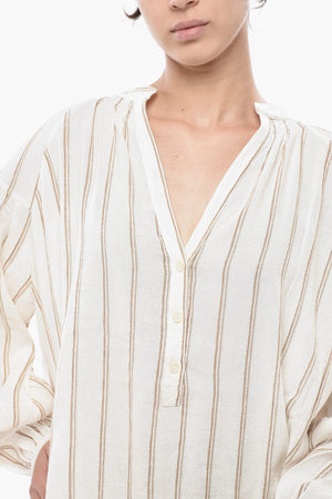Striped Linen-Blend Blouse with V-Neck