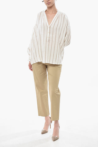 Blusa in Misto Lino a Righe con Scollo a V