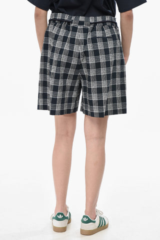 Seersucker Cotton Checked Shorts With Pleats