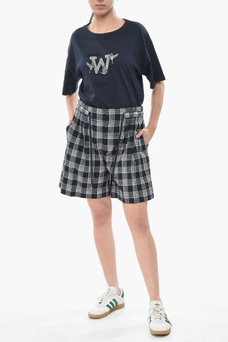 Seersucker Cotton Checked Shorts With Pleats