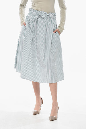 Striped Cotton Poplin Midi Skirt With Elastic Waist
