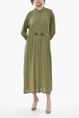 Langes Blusenkleid FLUID Ausgestellt Mit Kordelzug Und Koreanischem Kragen