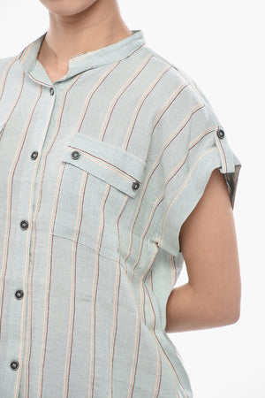 Camicia in Misto Lino a Righe e Maniche Corte 