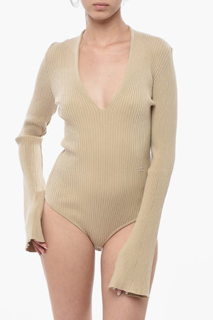 Body in Tessuto a Costine con Collo a V