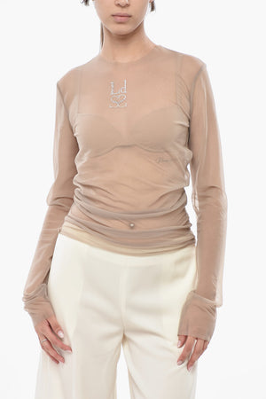 Top in Mesh con Logo in Strass