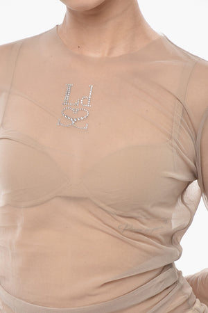Top in Mesh con Logo in Strass