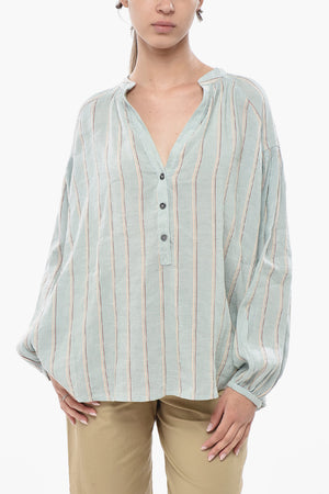 Blusa in Misto Lino a Righe con Scollo a V