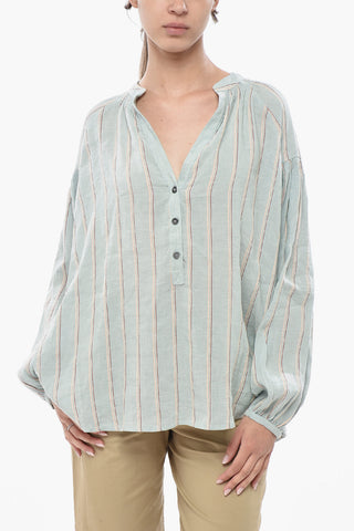 Blusa in Misto Lino a Righe con Scollo a V
