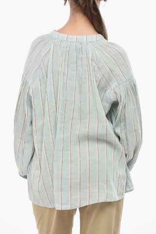 Blusa in Misto Lino a Righe con Scollo a V