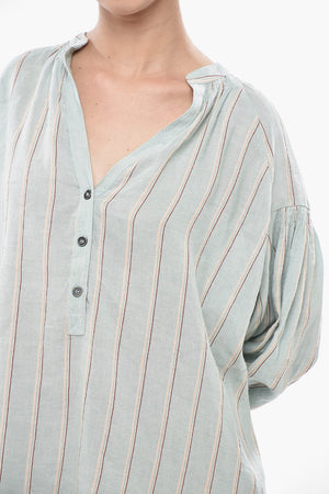 Blusa in Misto Lino a Righe con Scollo a V